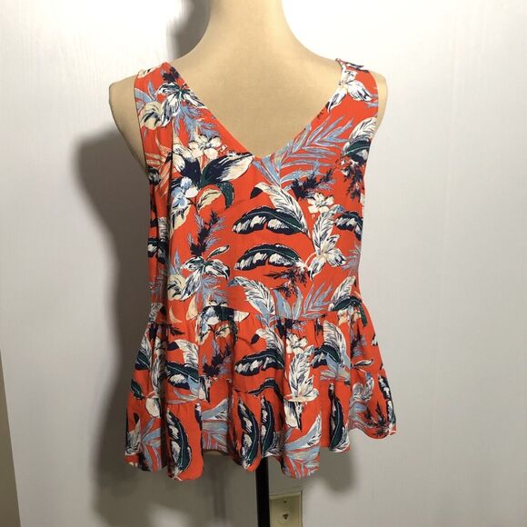 Loft Blouse Womens Small Red Navy Blue Floral Tiered Sleeveless Double V Neck - Picture 6 of 15
